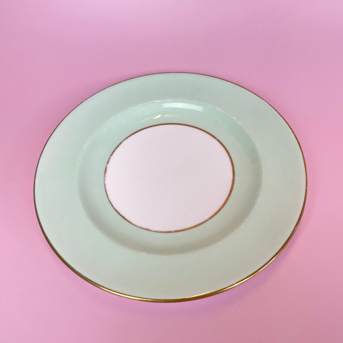 Wedgewood Plates White, Pale Green & Gold Band (Pair)