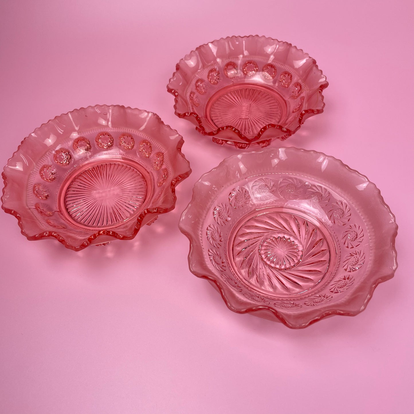 Pink Slumped Vintage Glass Bowls x 3