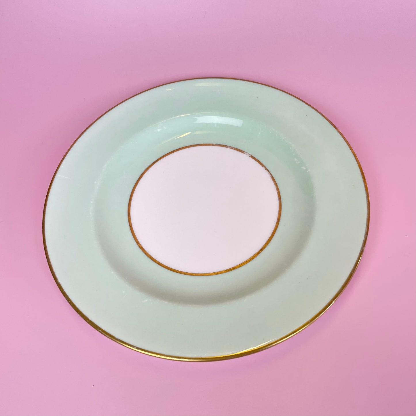 Wedgewood Plates White, Pale Green & Gold Band (Pair)