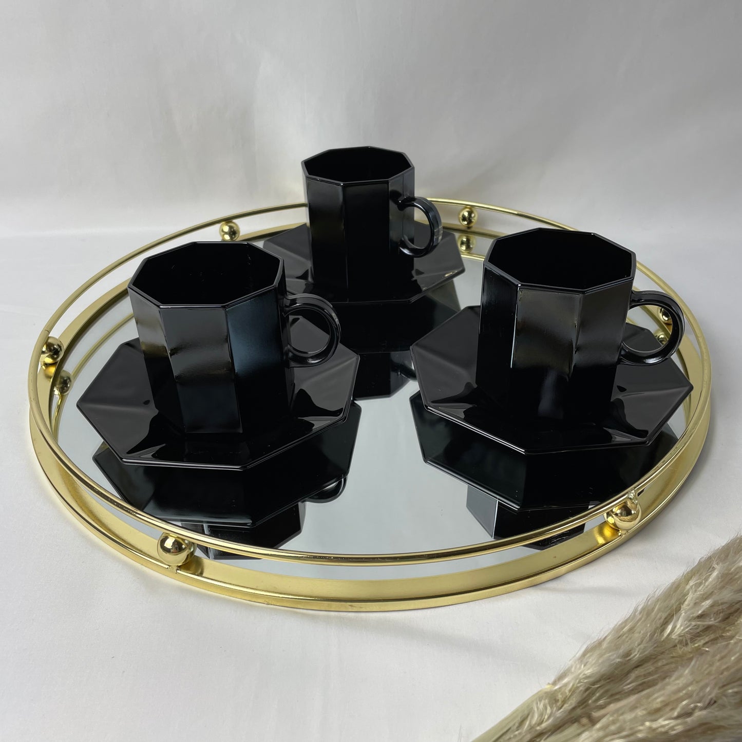 Arcoroc Black Glass Coffee Cups & Saucers Set x 6