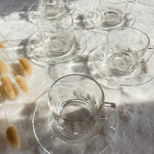 Clear Glass Vintage Arcopal Cups & Saucers x 5