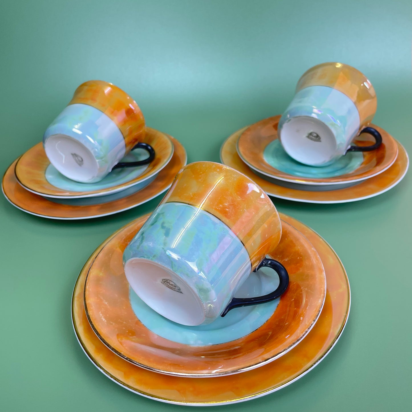 Peach & Mint Green Lustre Finish Tea Set x 5 Cups & Saucers