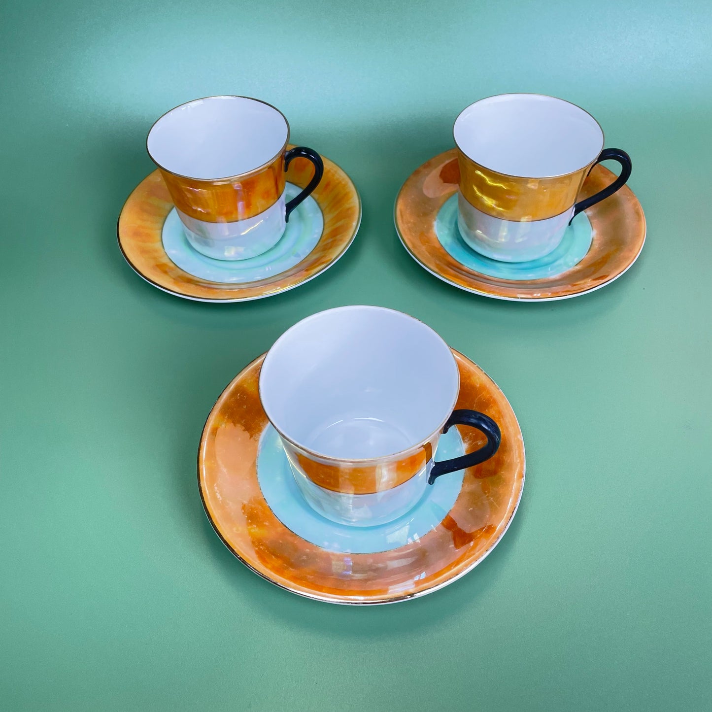 Peach & Mint Green Lustre Finish Tea Set x 5 Cups & Saucers