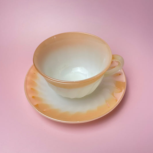 Fire King Grill Peach & White Lustre Tea Cup & Saucer  (Singles)