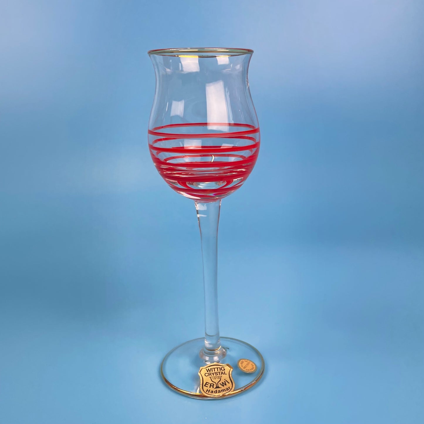 West German Red Striped Decanter & Tulip Glasses