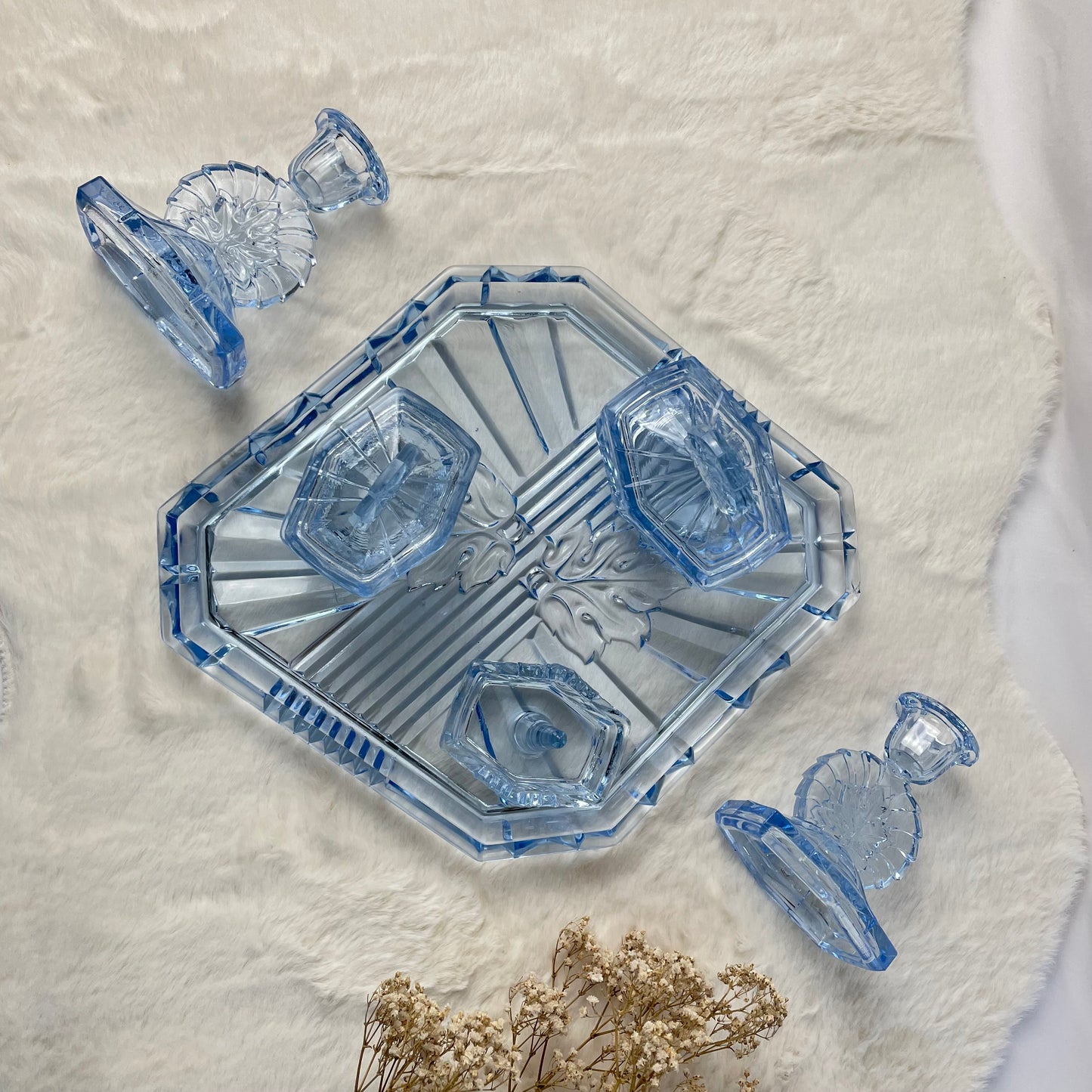 Art Deco Blue Glass Dressing Table Set