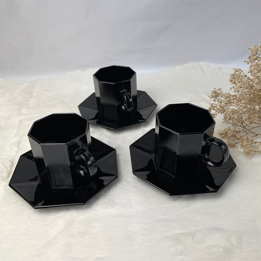 Arcoroc Black Glass Coffee Cups & Saucers Set x 6