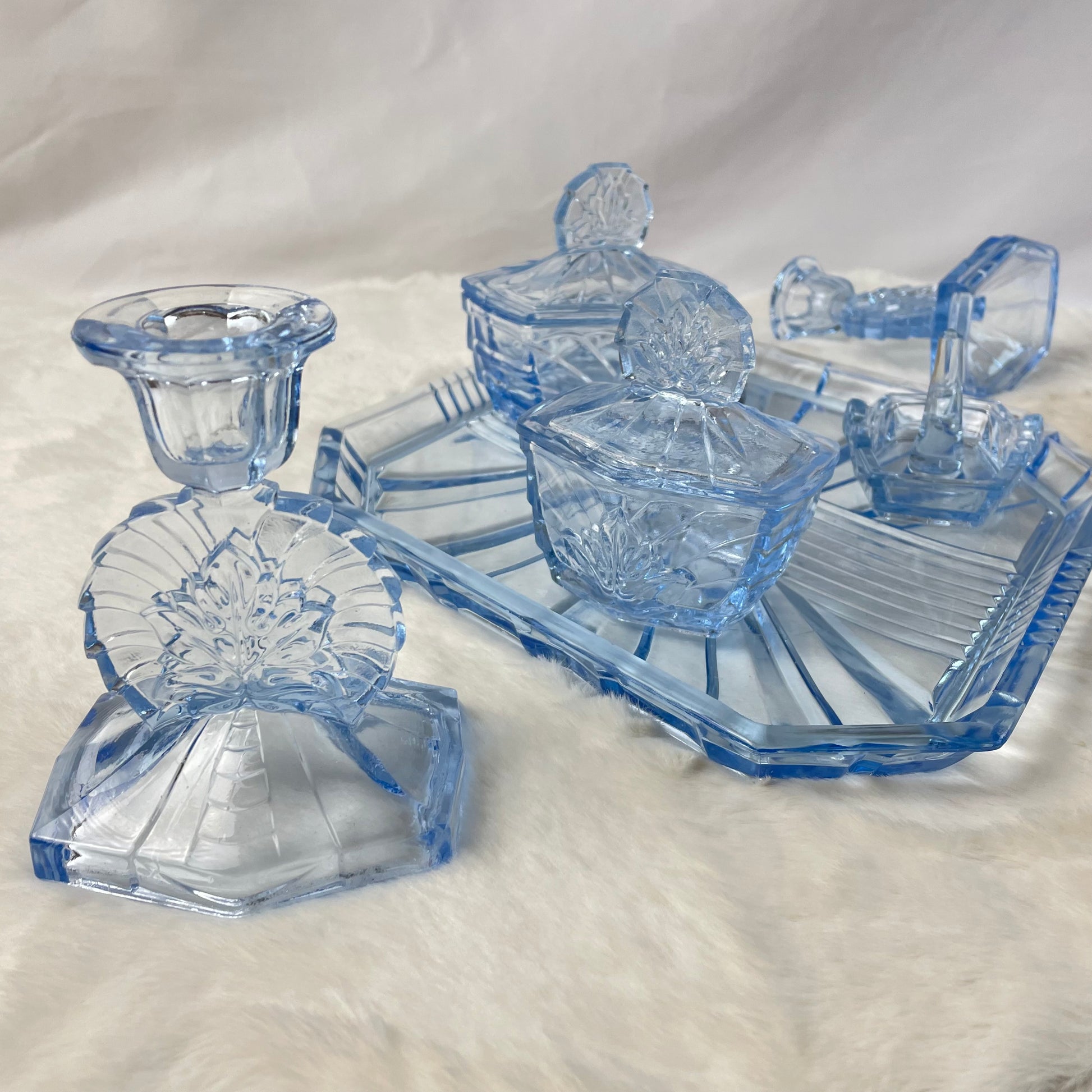 Art Deco Blue Glass Dressing Table Set – Tort And Tiger Art Deco Blue Glass Dressing Table Set – Tort And Tiger