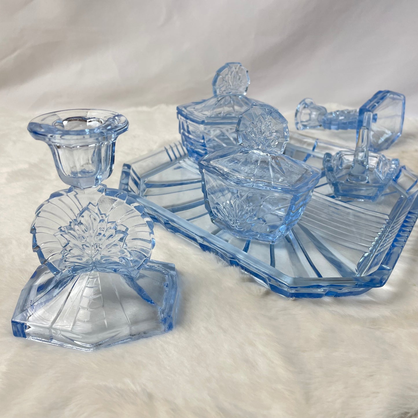 Art Deco Blue Glass Dressing Table Set