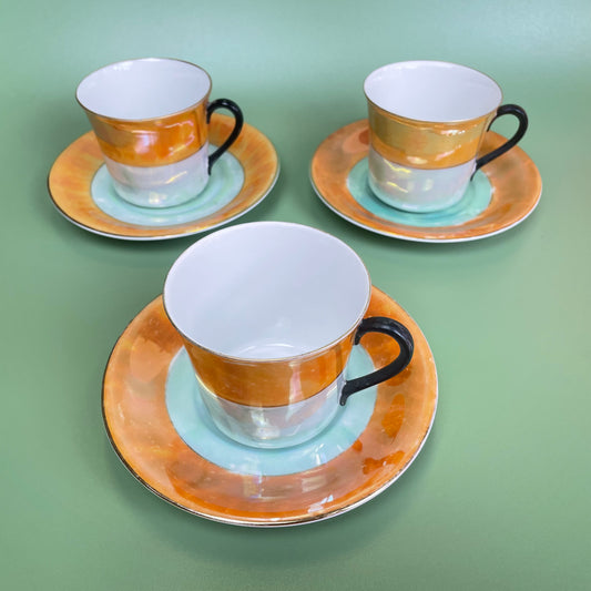 Peach & Mint Green Lustre Finish Tea Set x 5 Cups & Saucers