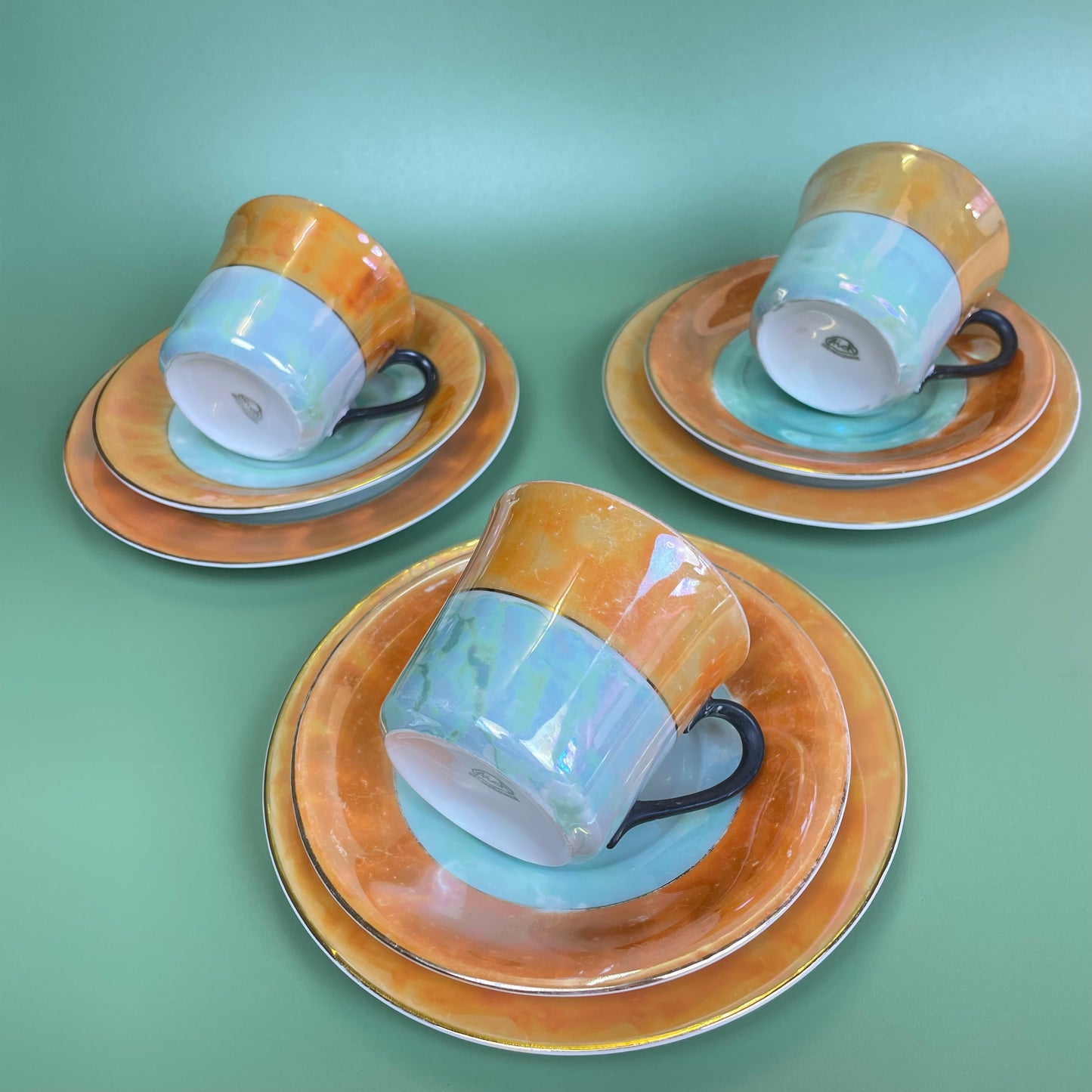 Peach & Mint Green Lustre Finish Tea Set x 5 Cups & Saucers