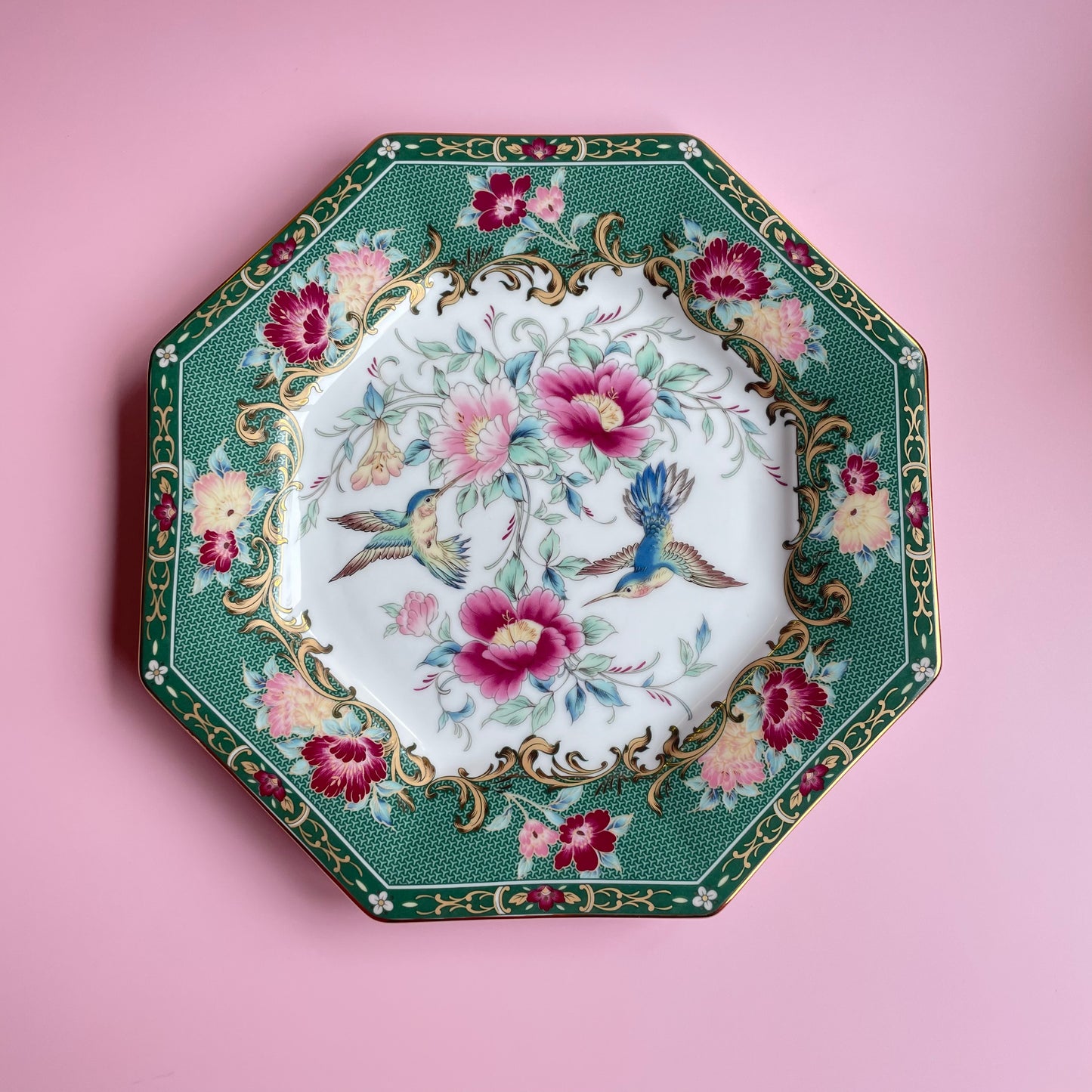 Pink & Green Bird & Floral Design Plate