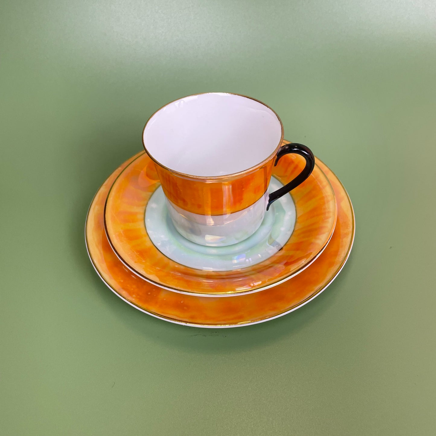 Peach & Mint Green Lustre Finish Tea Set x 5 Cups & Saucers