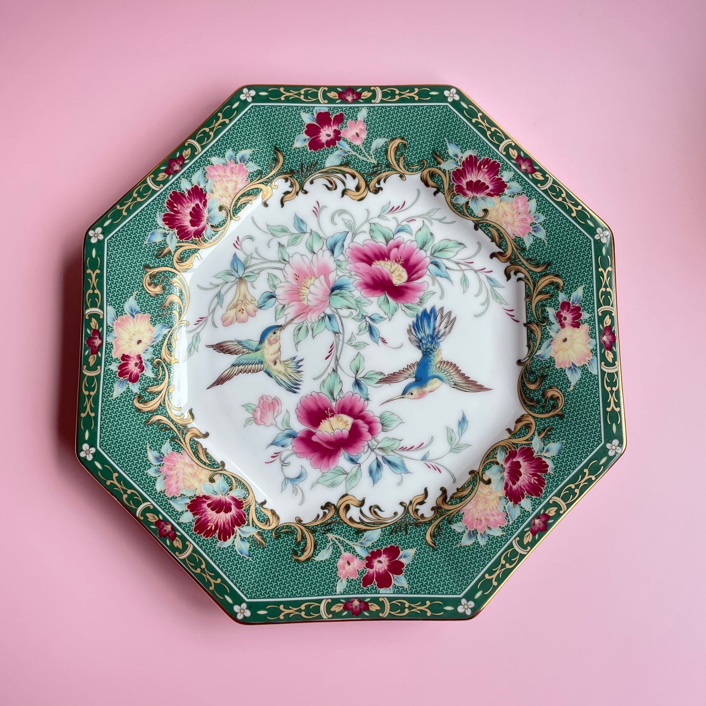 Pink & Green Bird & Floral Design Plate