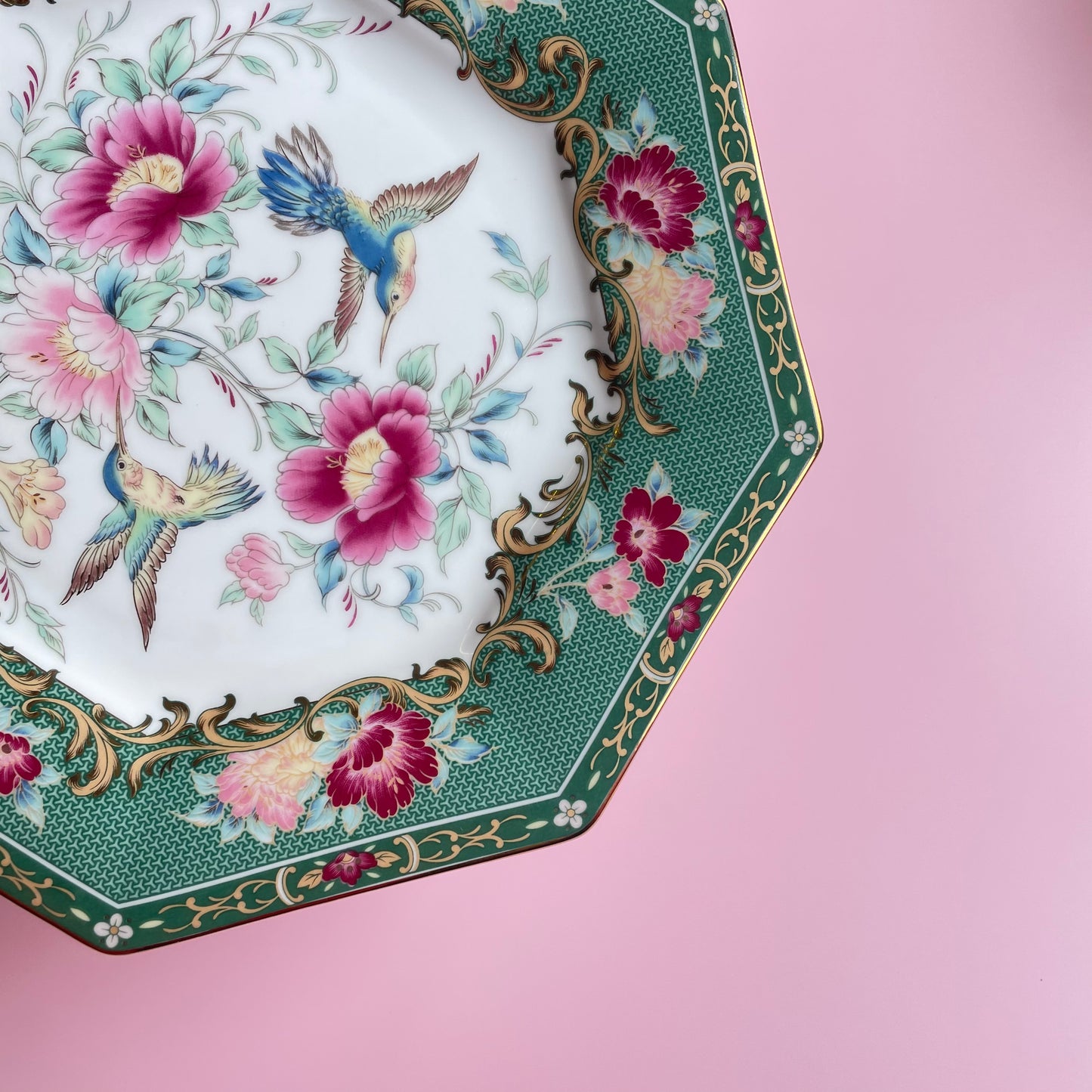 Pink & Green Bird & Floral Design Plate