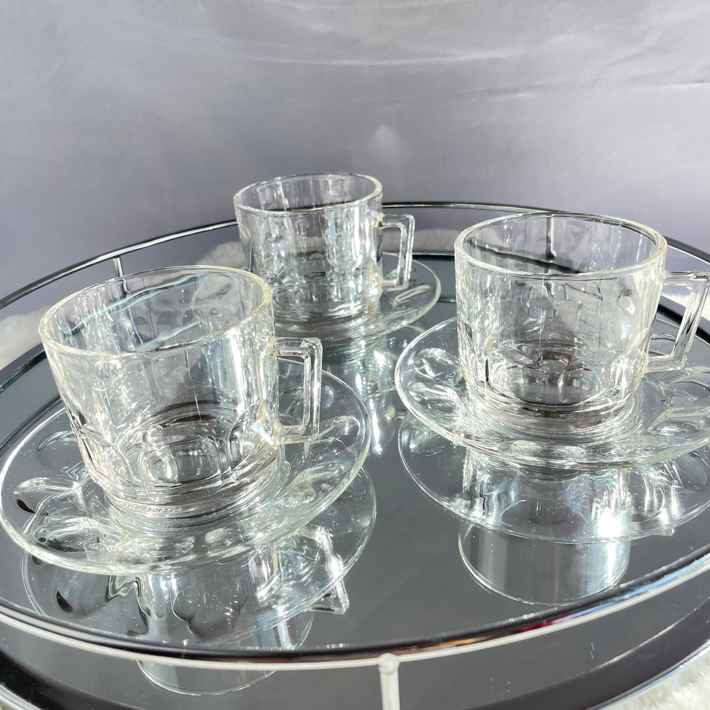 Clear Glass Vintage Arcopal Cups & Saucers x 5