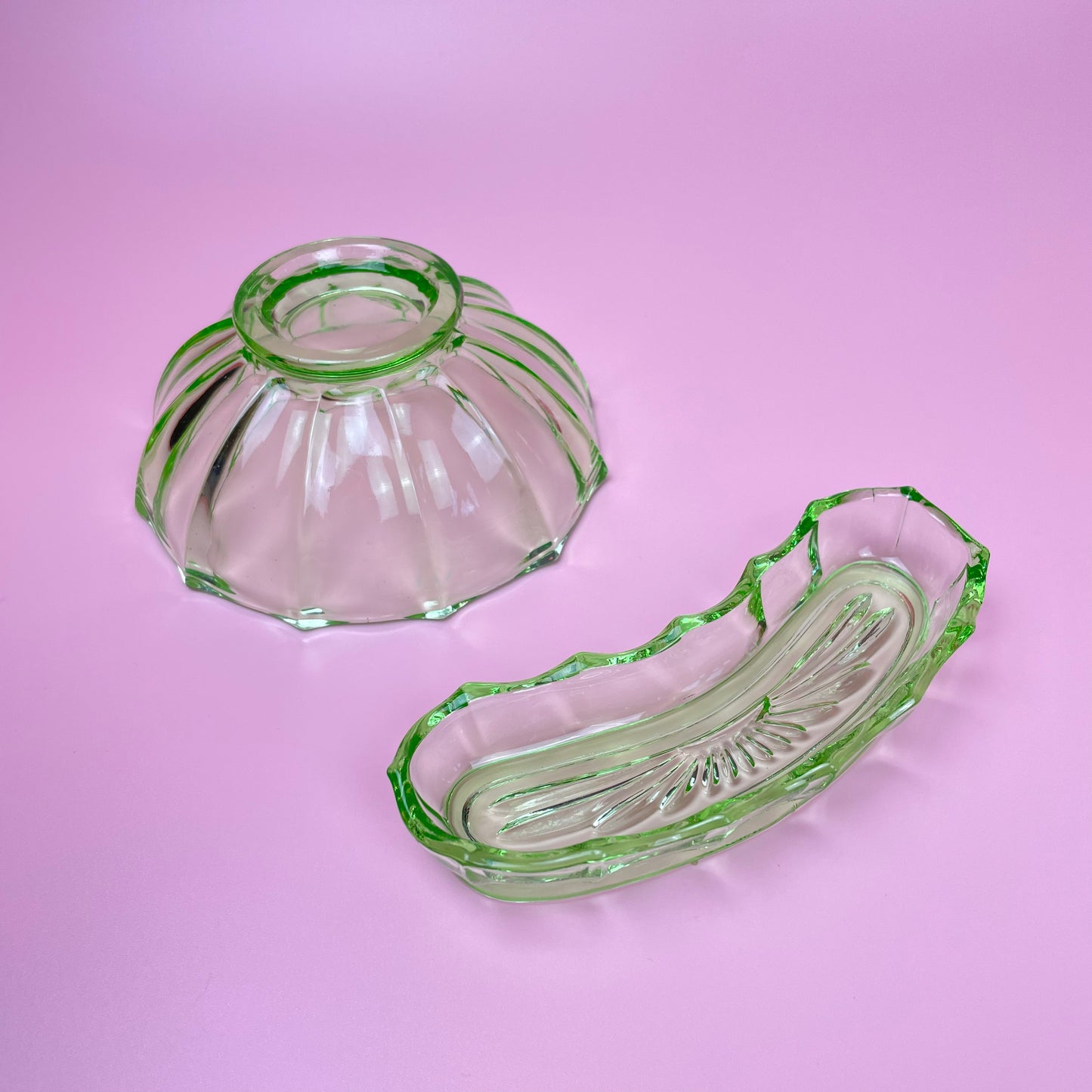 Green Glass Trinket Bowl & Dish