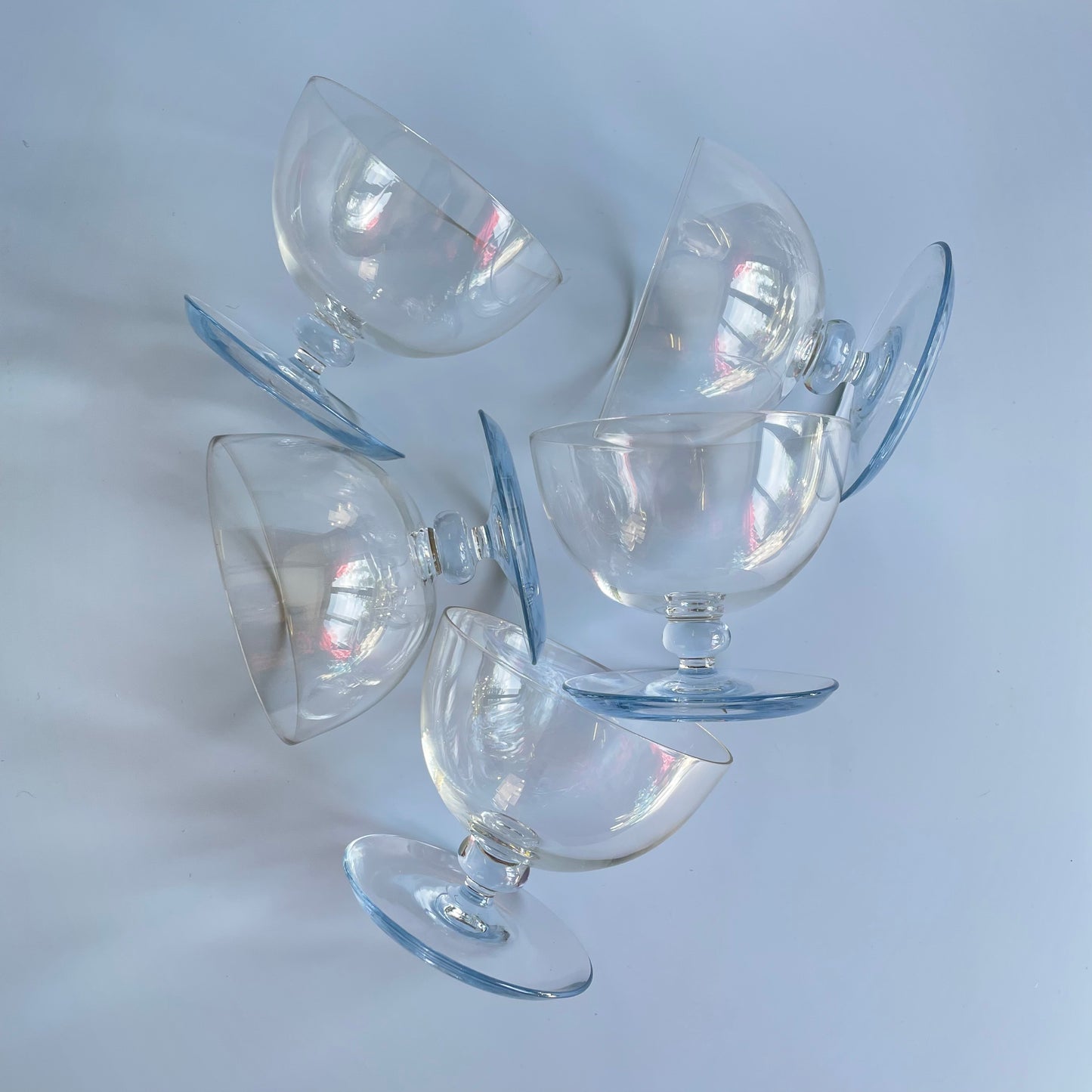 Light Blue Tinted Vintage Sundae Glasses With Drip Tray x 5